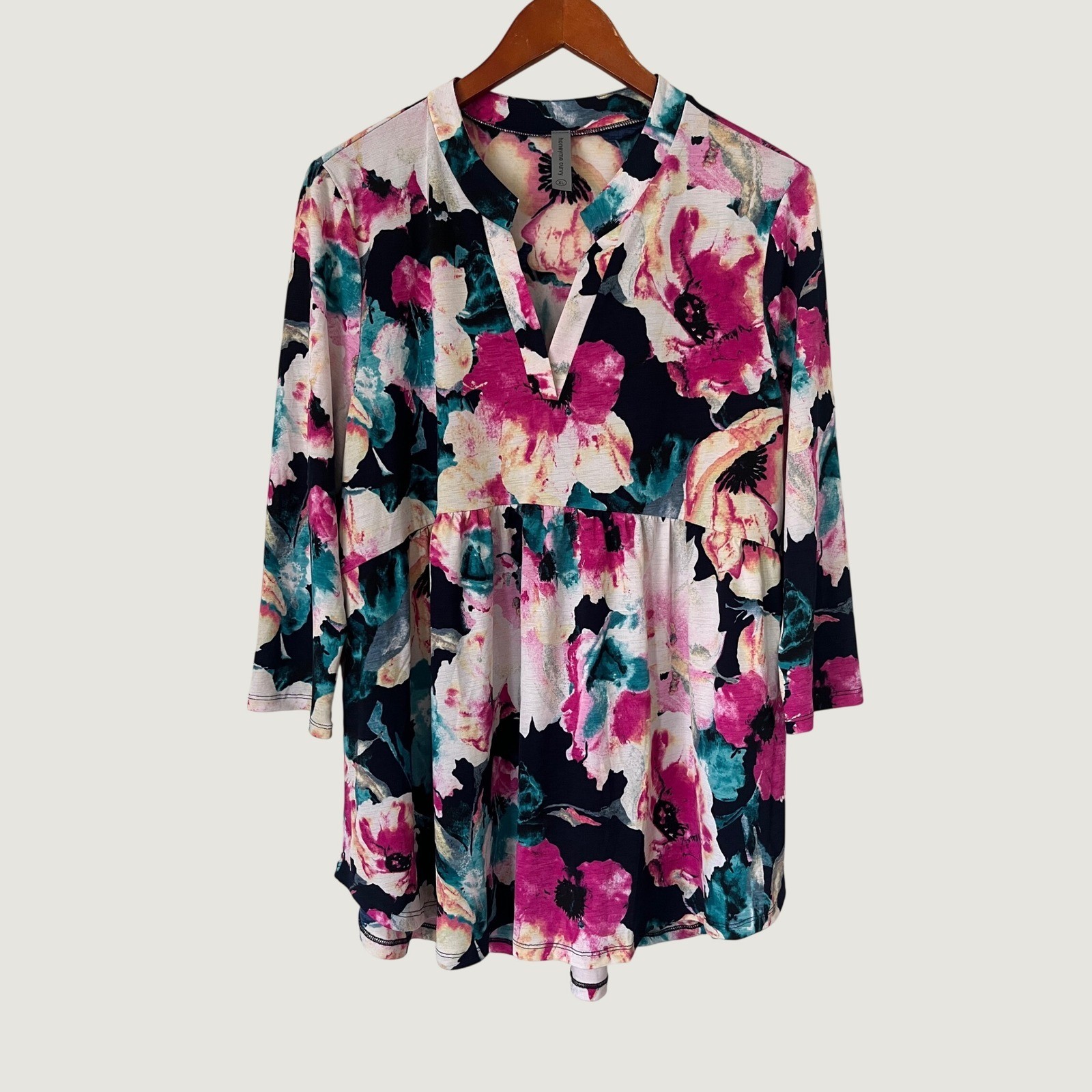 Honeyme Curvy Floral Empire Waist V-Neck Tunic Top XL Pink Teal Navy boho chic