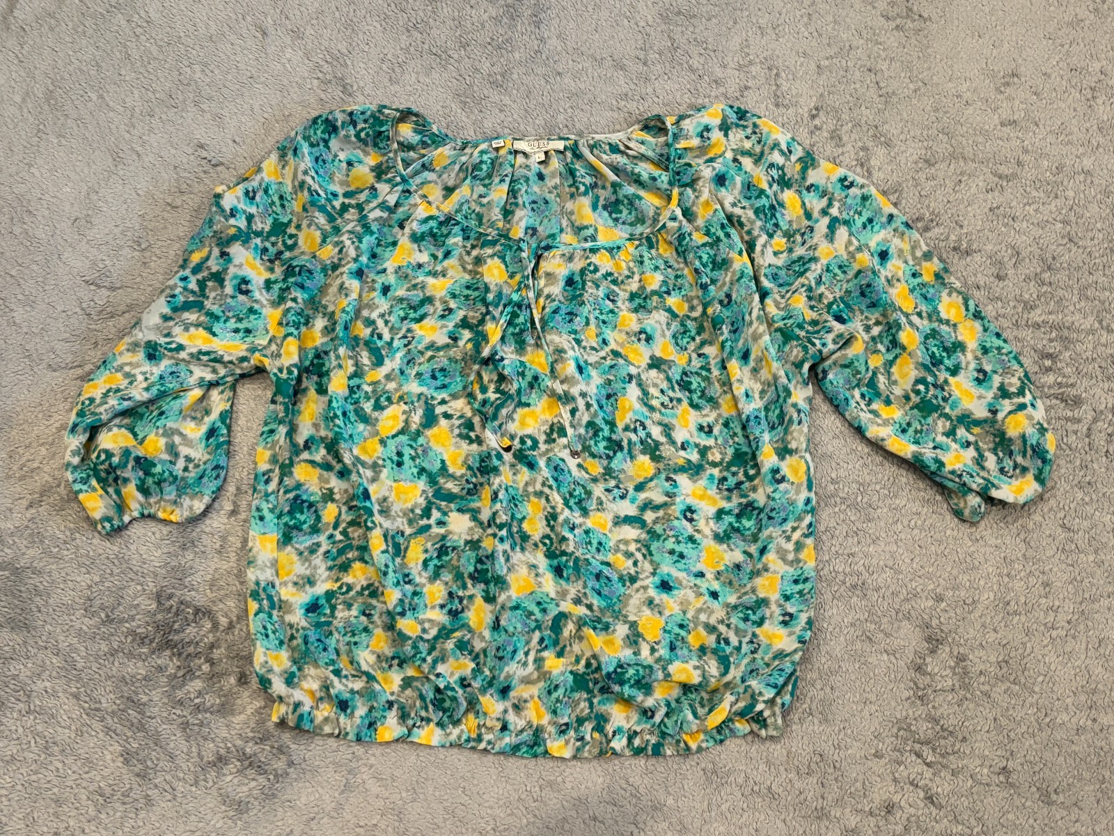 Guess Boho Peasant Top Womens Large Blue Yellow Sheer Flowy Patterned Casual