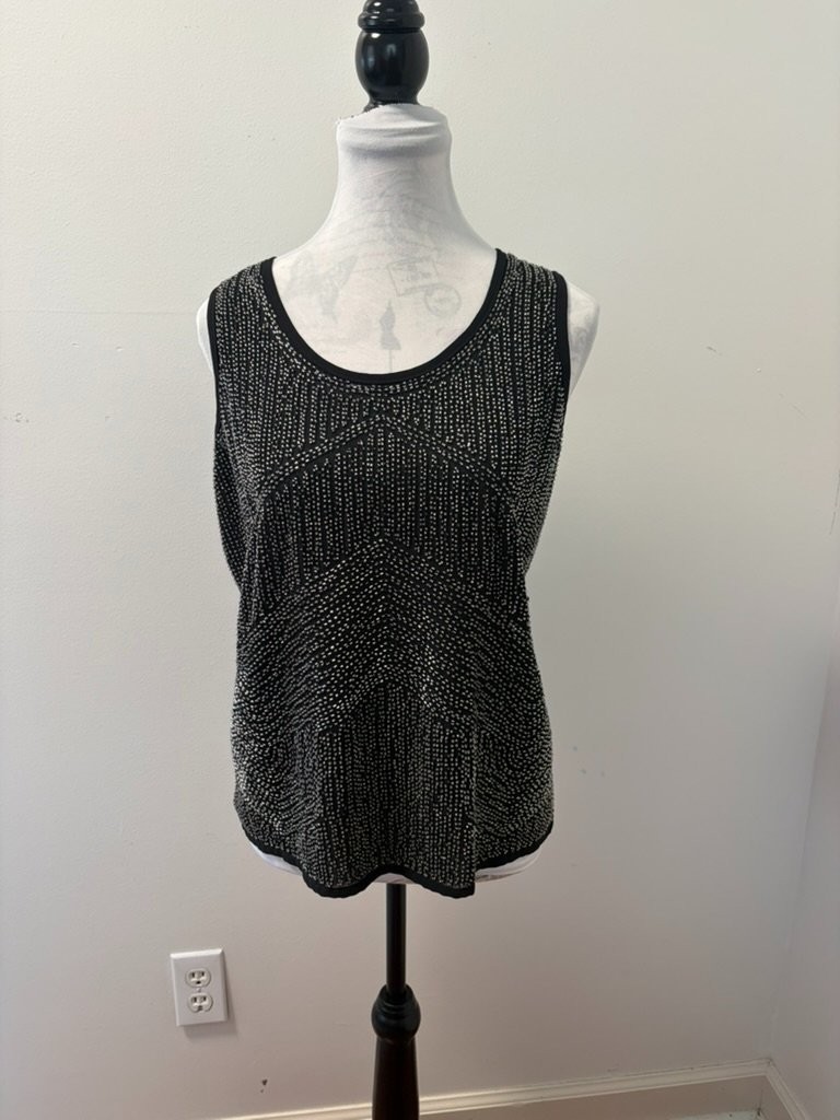 Cache Beaded Blouse Womens XS Black Silver Geometric Evening Cocktail Tank Top