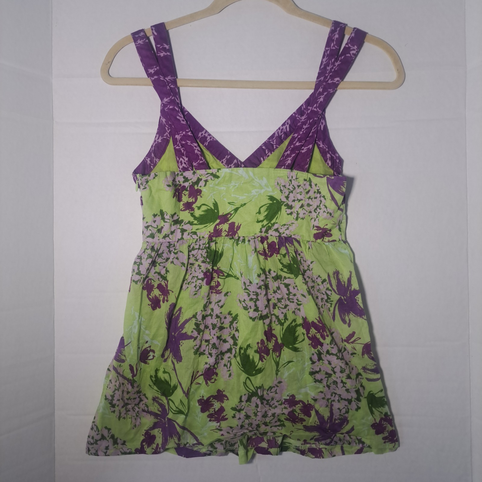 Kensie Y2K Green & Purple Floral Babydoll Top Criss Cross Straps Side Zip Sz XS