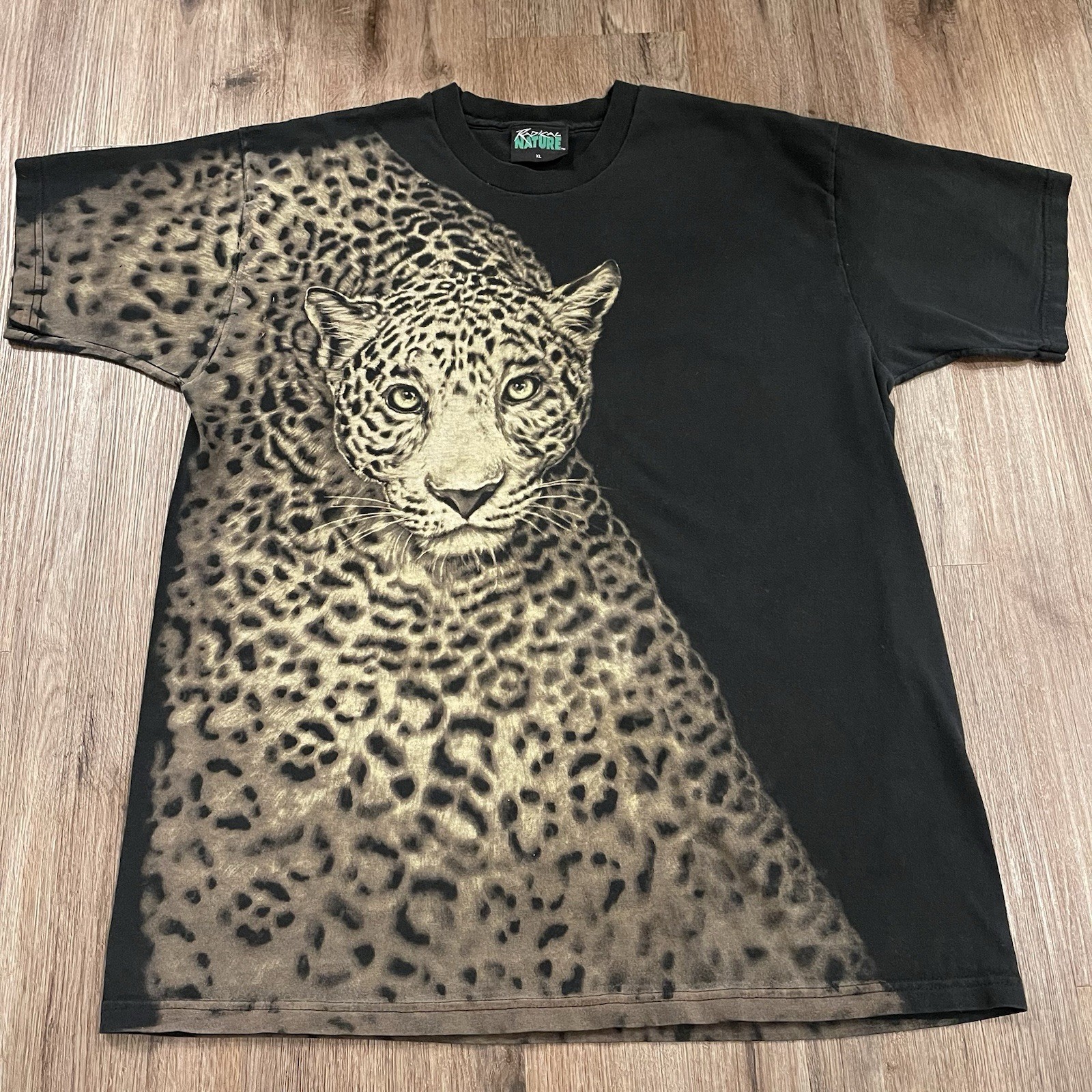 Vintage 90s Streetwear Unisex XL Faded All Over Print Leopard T-Shirt Black AOP