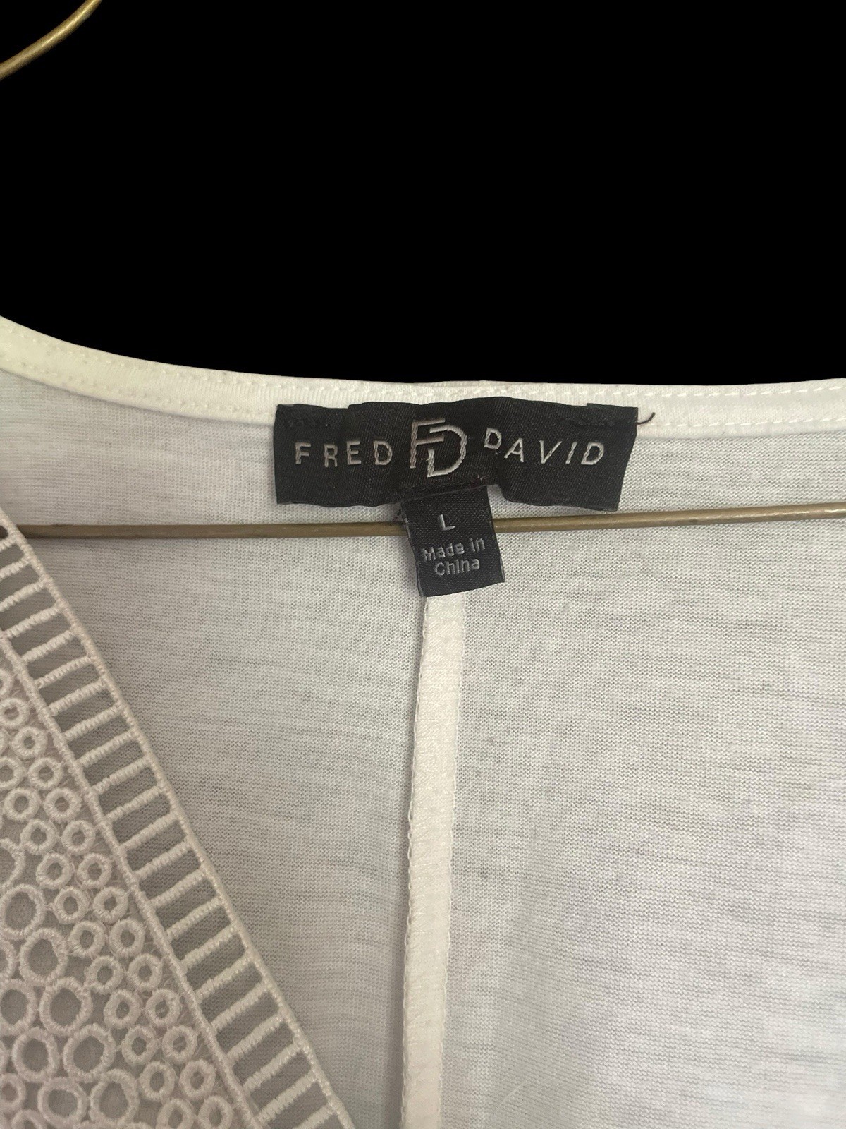 Fred David White Solid V-Neck Short Sleeve Lace Trim Tunic Blouse Size L