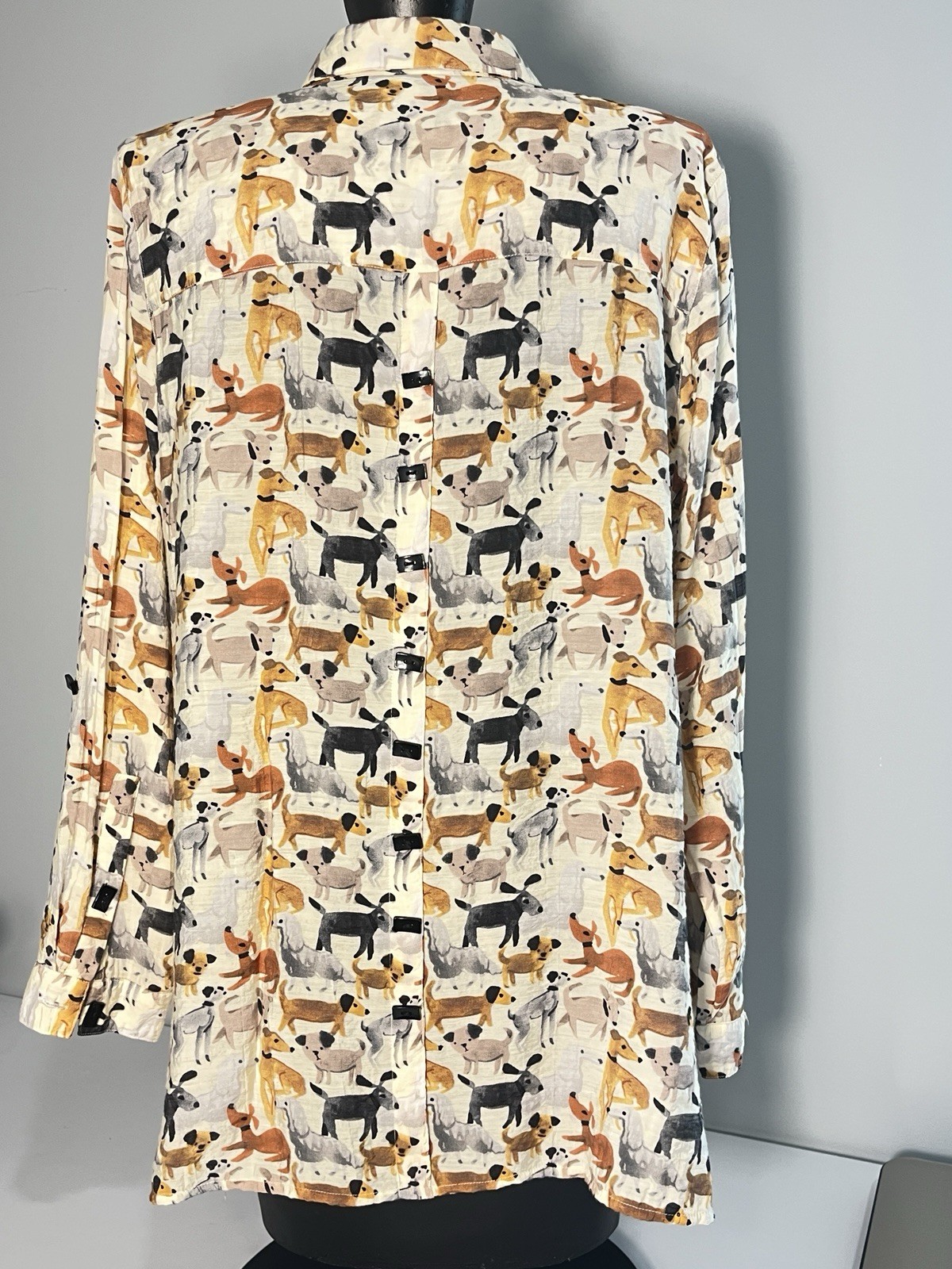 Multiples Womens Dog Print Top Toggle Buttons Front/Back Ivory Size M Fun