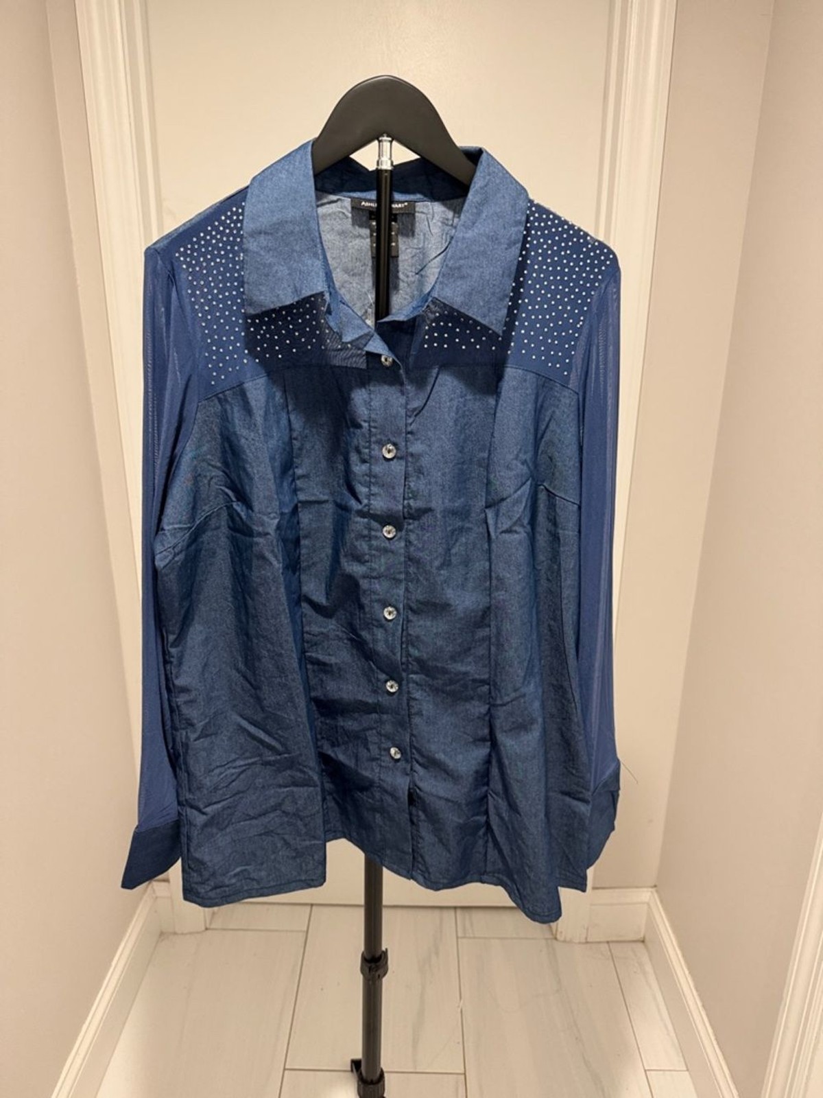 Ashley Stewart Navy Button-Down Shirt with Studded Yoke