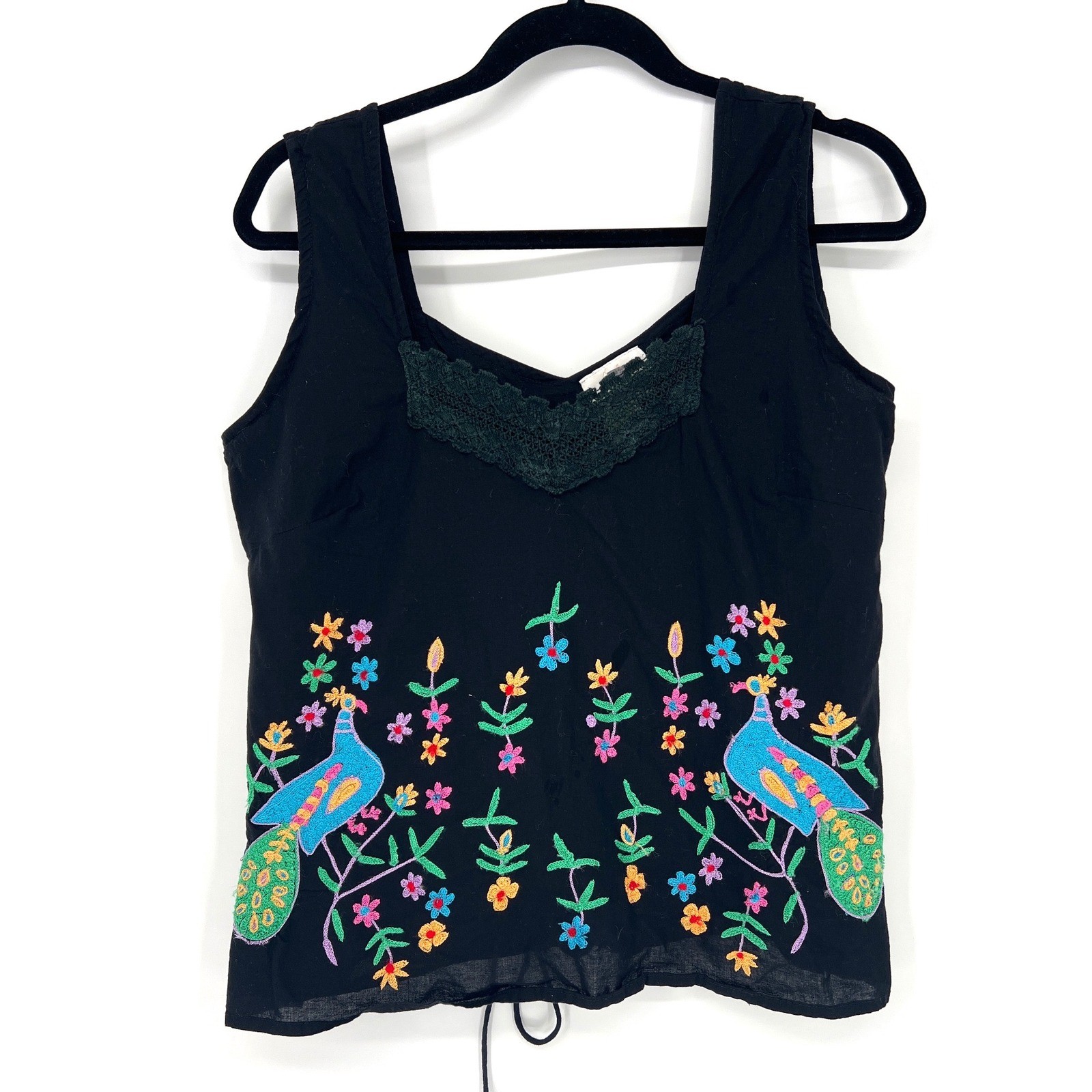 Soft Surroundings Black Cotton Embroidered Peacock Floral Lace Tank Top Large