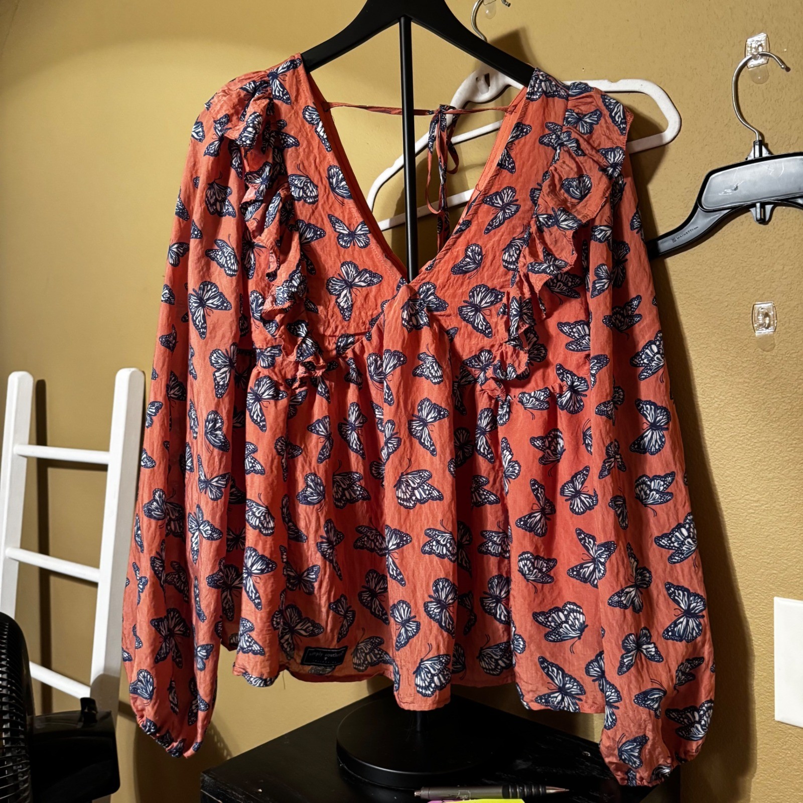 Simply Southern Butterfly Print Ruffle V-Neck Babydoll Top Orange XL Boho Tie