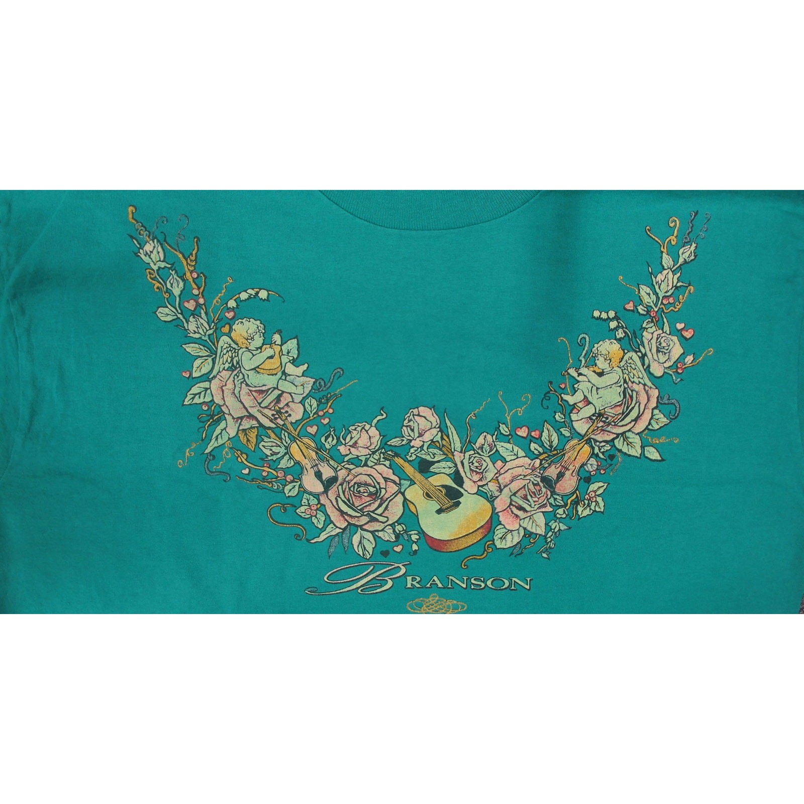 90s Branson Missouri Cherub Floral Guitar Single Stitch Tee Teal Womens XL