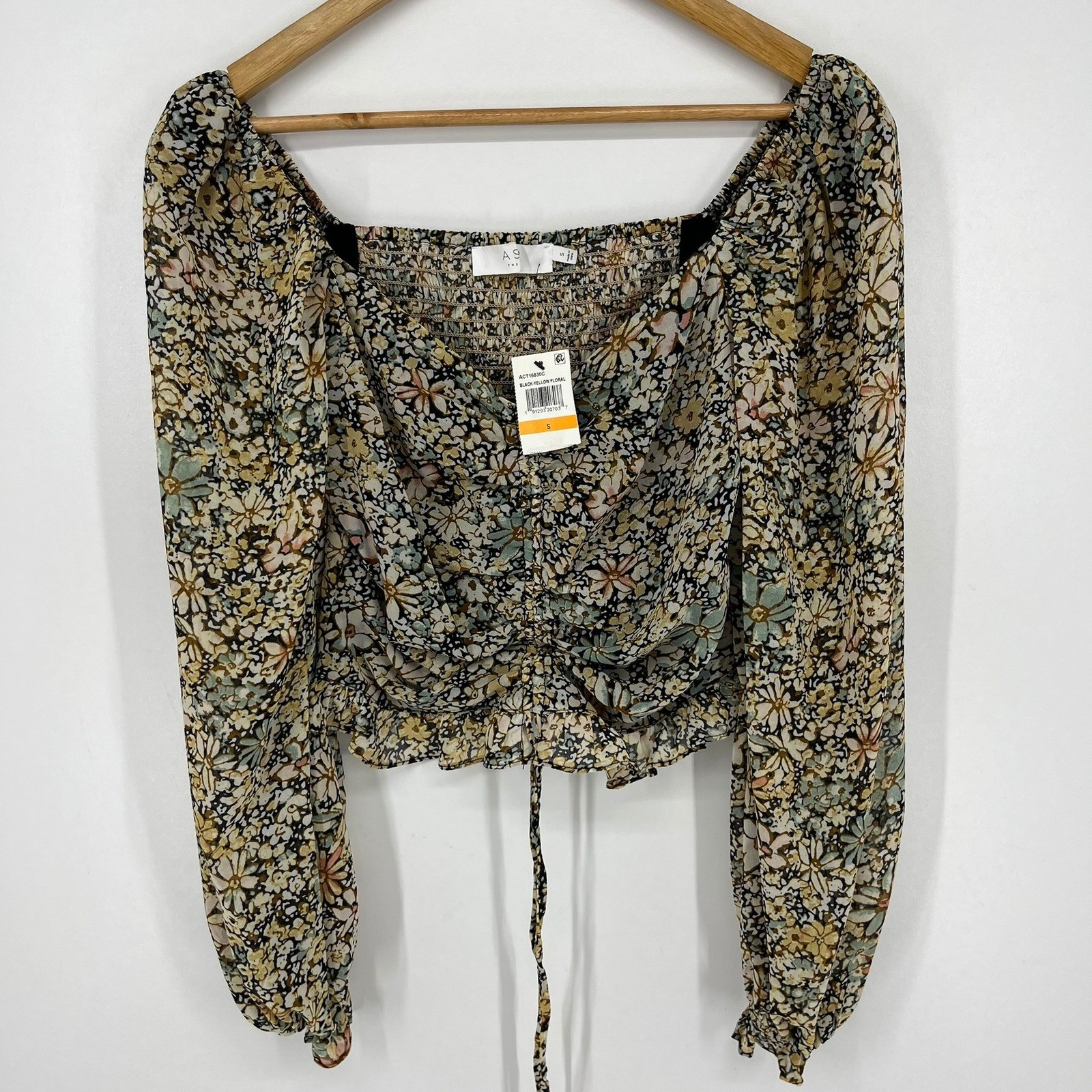 ASTR The Label Black Yellow Floral Ruched Crop Top ACT16830C Small New NWT