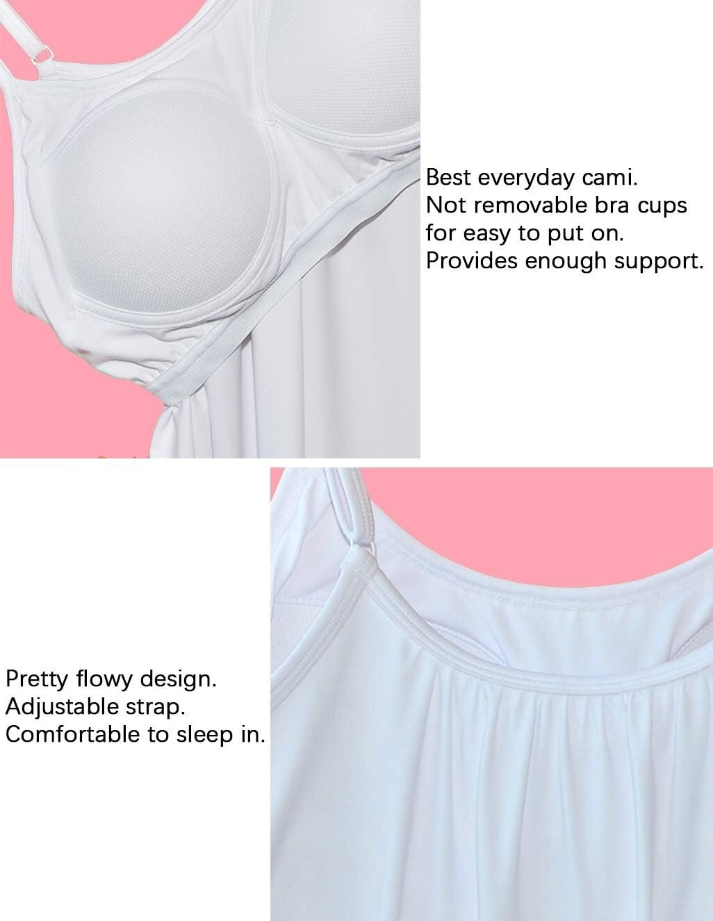 Womens Summer Camisole with Built in Bra Flowy Tank Top Loose Fit Padded Cami