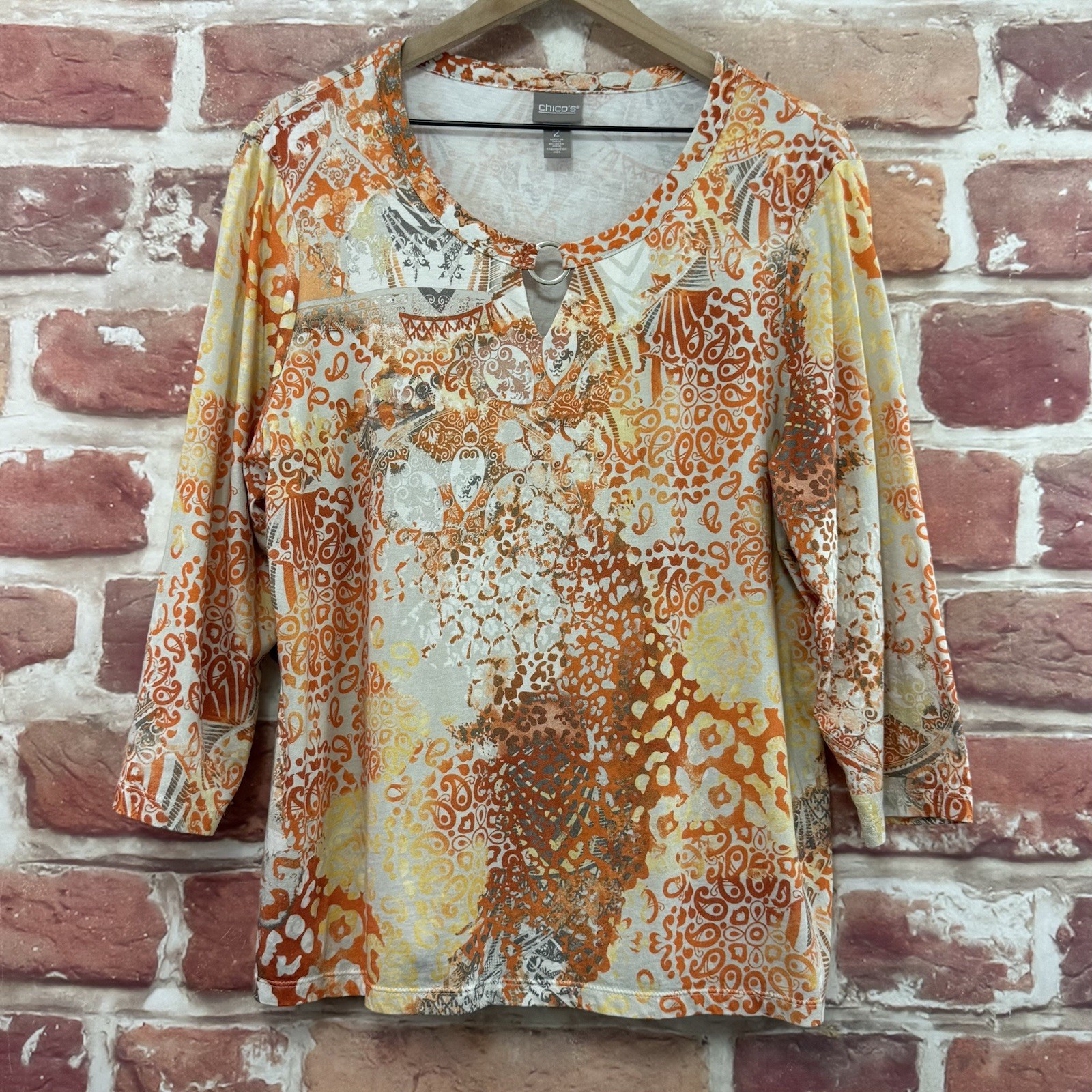 Chicos Top Womens Large Orange Multicolor Boho Floral Abstract O Ring Neck Shirt