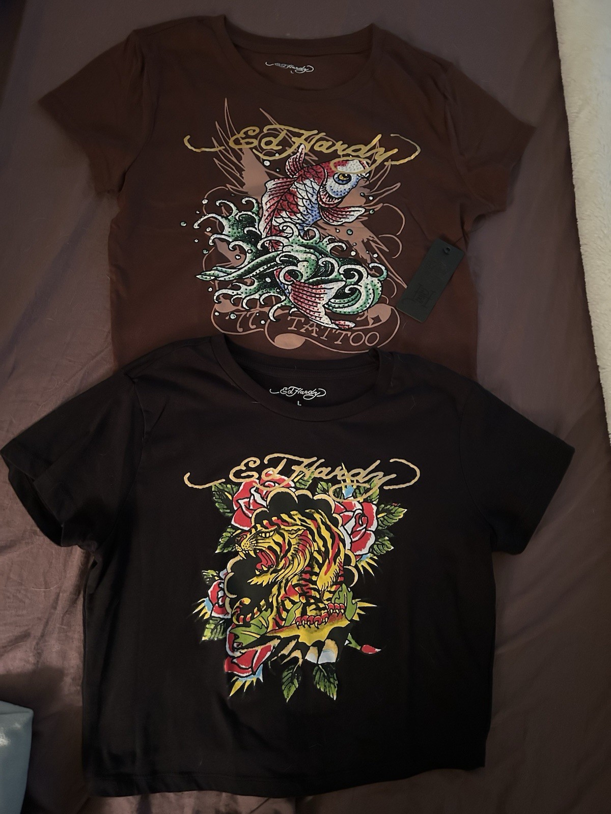 Ed Hardy Women’s L Cropped Graphic T-Shirt Short Sleeve Crew Neck Tattoo Black
