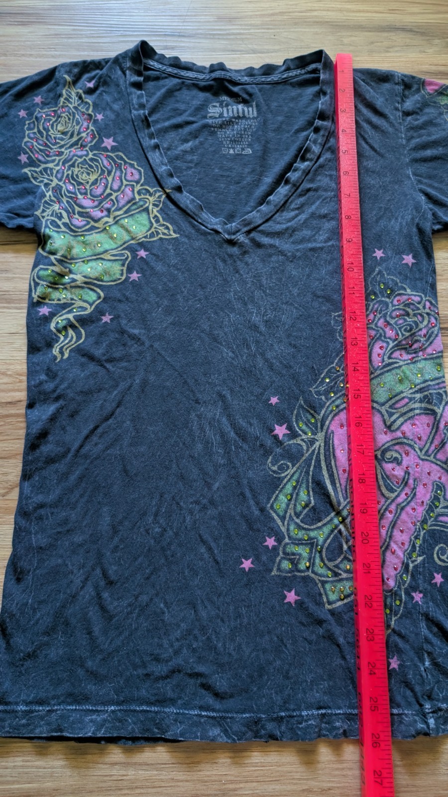 Sinful By Affliction V Neck Shirt Womens M Black Rhinestone Tattoo Rose Y2K Goth