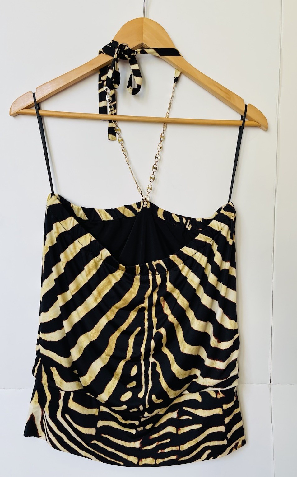 Cache Zebra Print Womens Halter Top Knit Blouse Chain Detail Yellow & Black Sz M