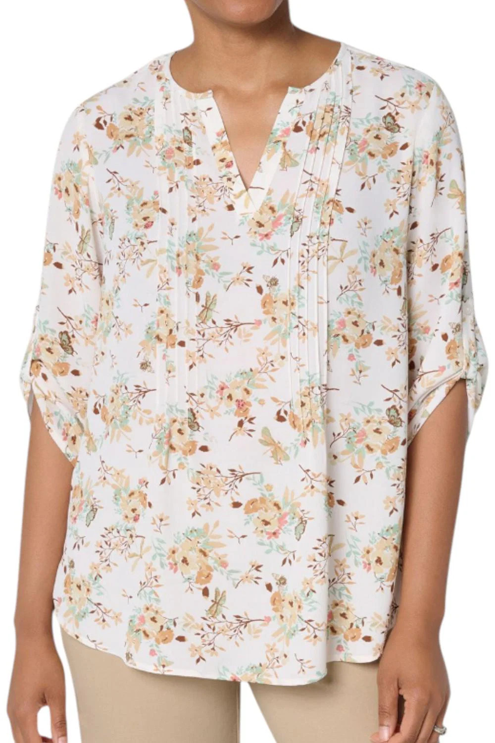 Joan Rivers Women’s Georgette Split V-Neck Pintuck Blouse Ivory Floral