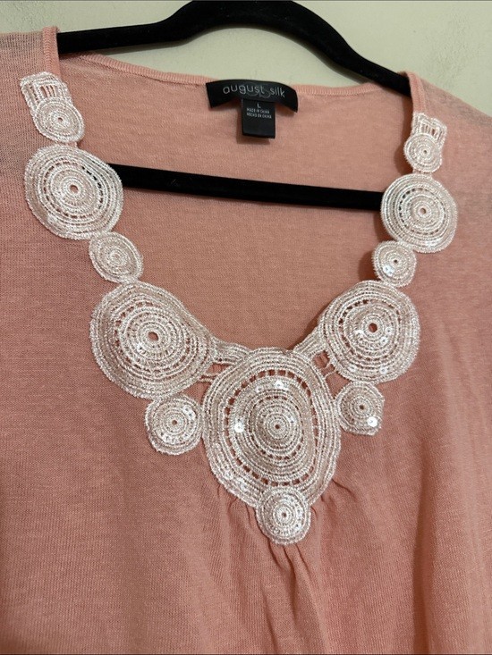 august silk Peach Short Sleeve Tee blouse women L linen Applique details boho