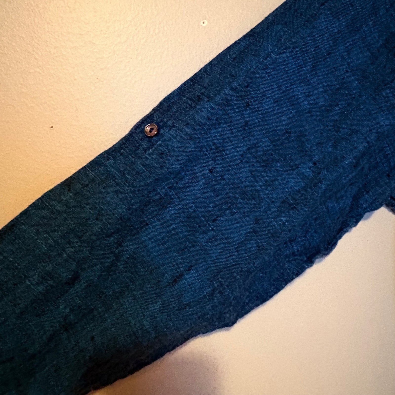 Pollen Homme Indigo Blue 100% Linen Tunic Henley Roll-Tab Sleeve Shirt 40cm M