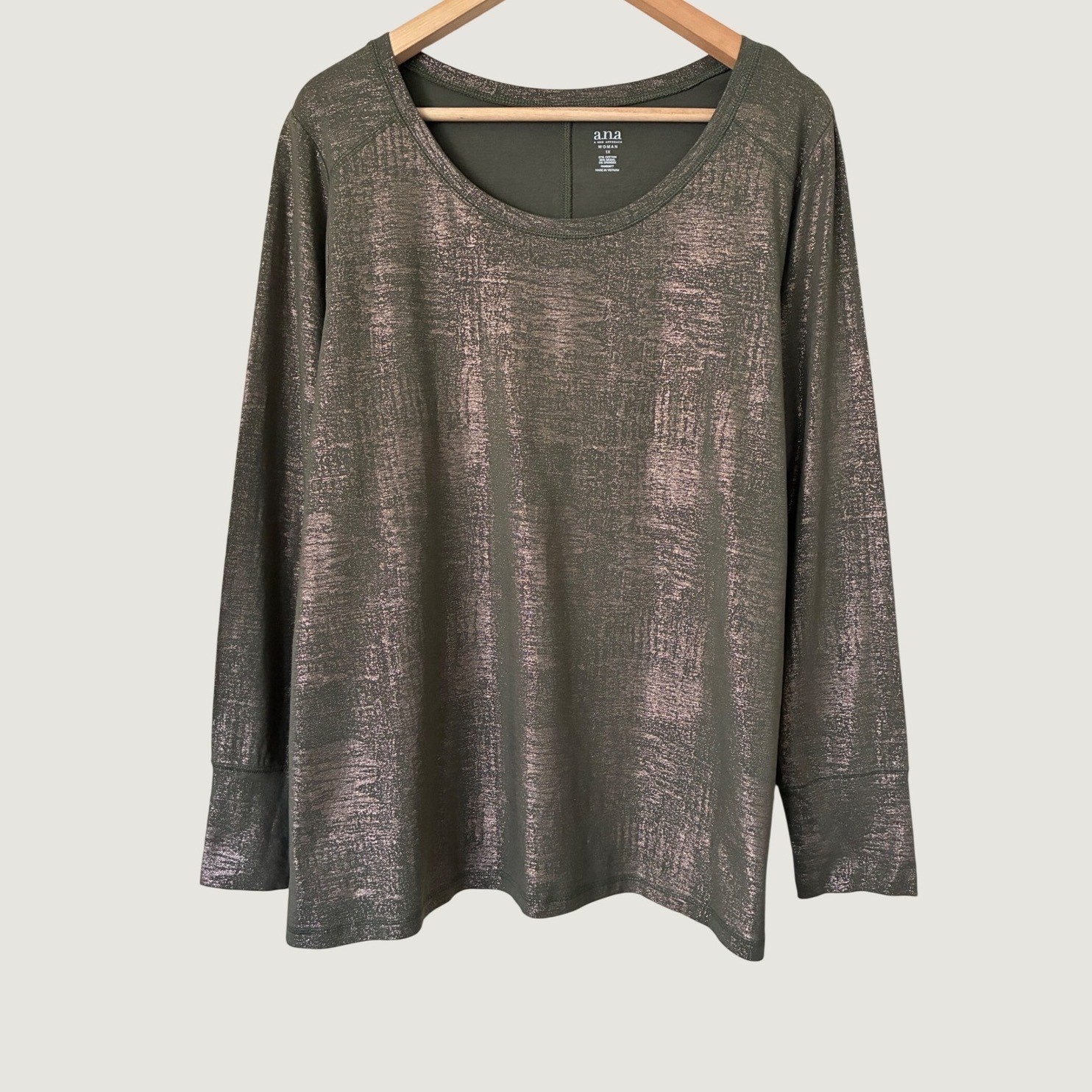 ana Olive Green Rose Gold Metallic Foil Long Sleeve Top 1X Plus Grunge Chunky