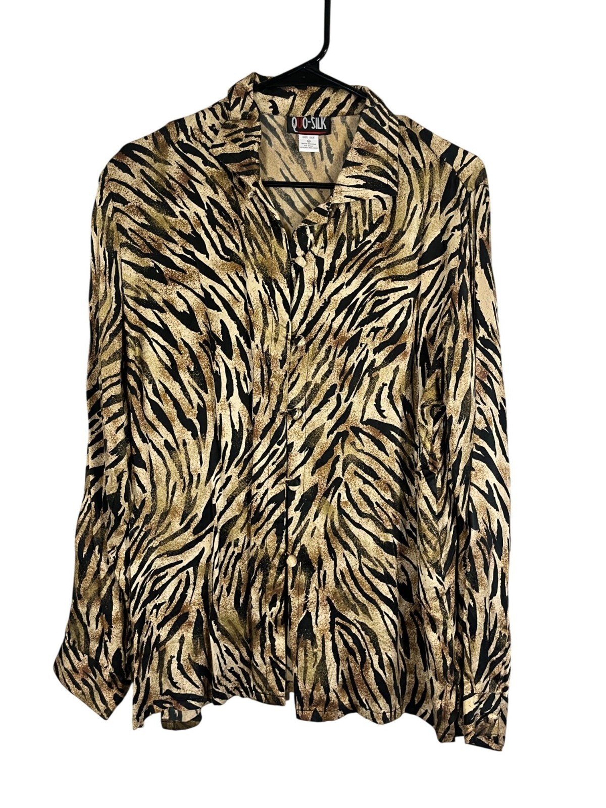 Retro Silk Animal Print Top M Tan Neutral Safari Preppy Boho Classic Chic 80s