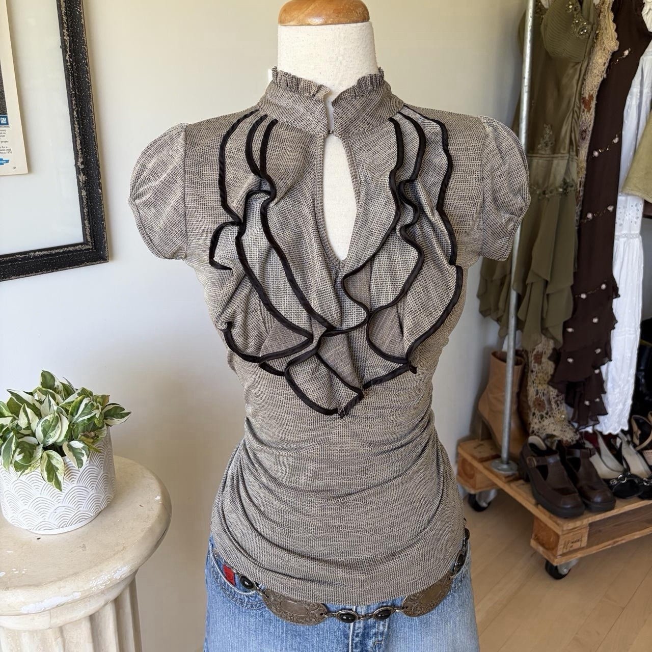 VTG Y2K Preppy Ruffle Short Sleeve Top Women’s Size Small