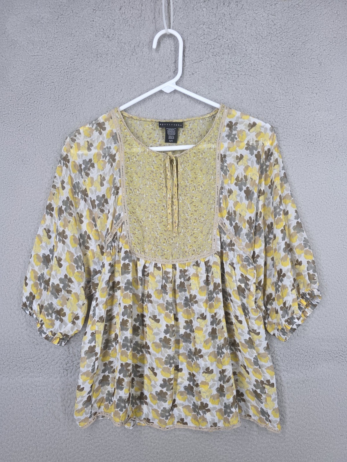 Boho Style Floral Top Small Apostrophe Dolman Sleeve Chiffon Yellow Contrast