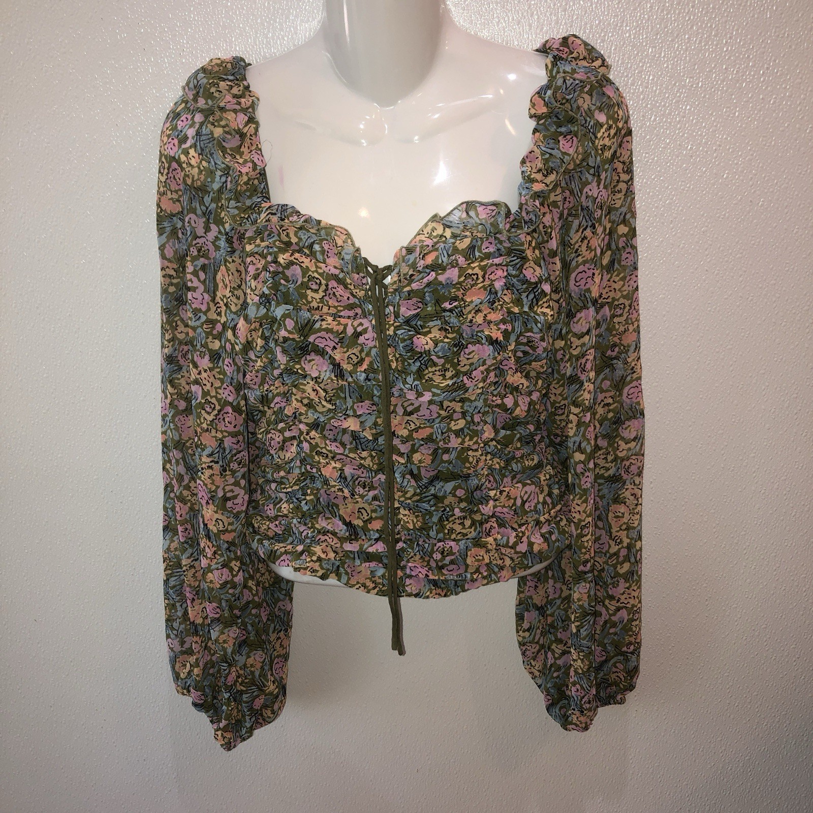 Free People Women Small Mabel Print Blouse Garden Combo Balloon Sleeve Smocked S