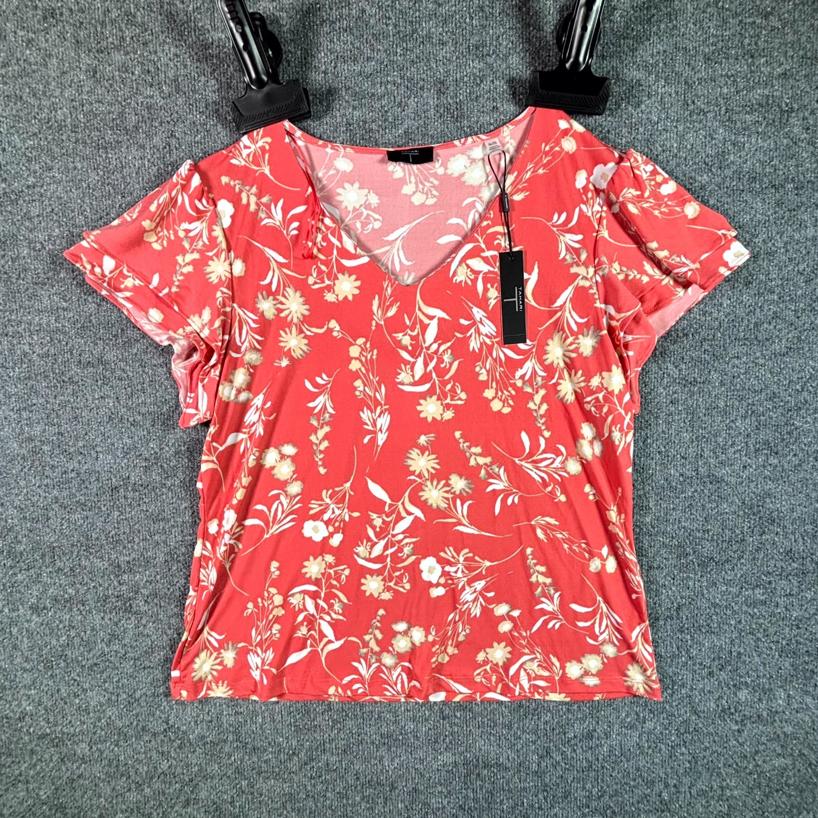 Tahari Blouse Women’s XL Coral Pink Floral Flutter Ruffle Sleeve Summer Top NWT