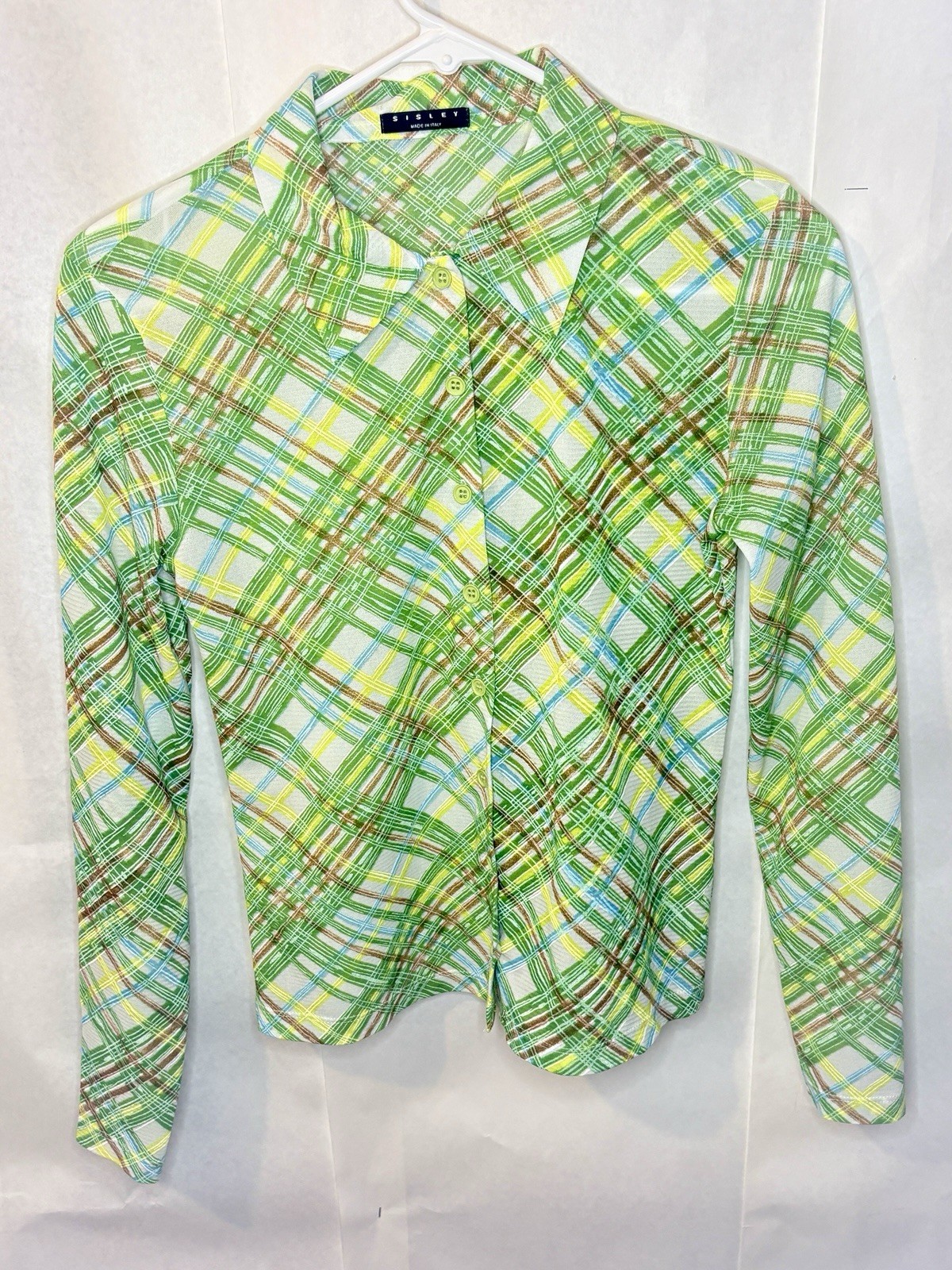 VTG Women’s Green Plaid Blouse Long Sleeve Button Top By Sisley Italy Size S/M