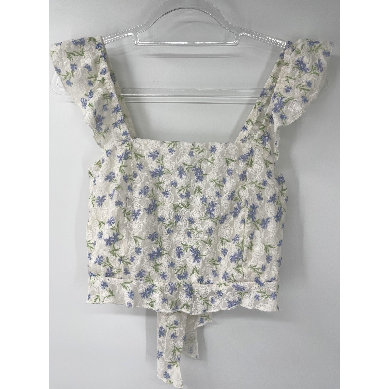 Kirious White Floral Lace Ruffle Strap Tie Back Cropped Tank Top Juniors XL NEW