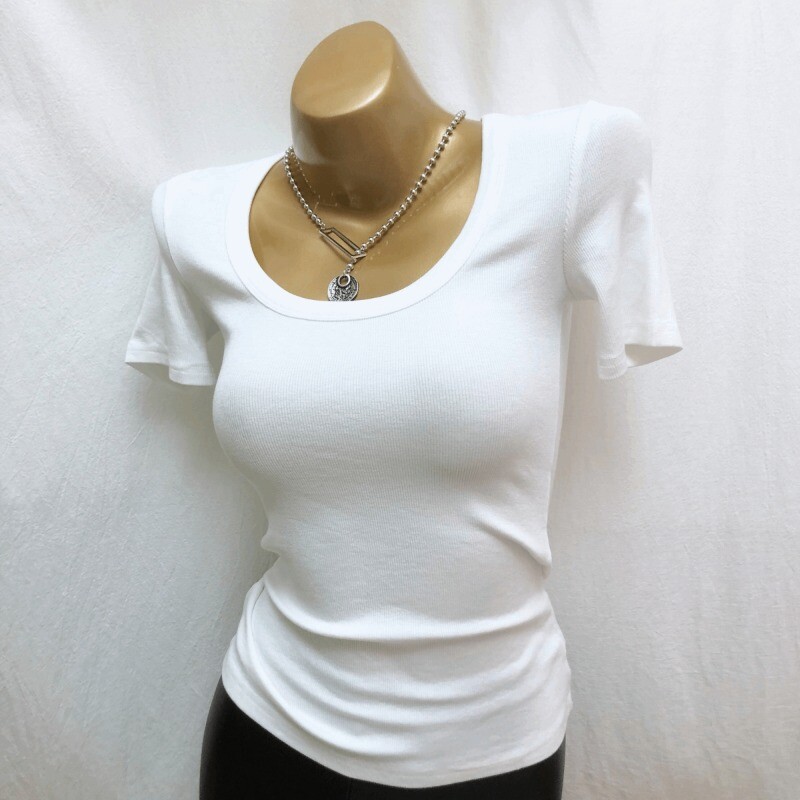 Women Scoop Neck Top Short Sleeve Ribbed Undershirt Slim Plain Basic Tee