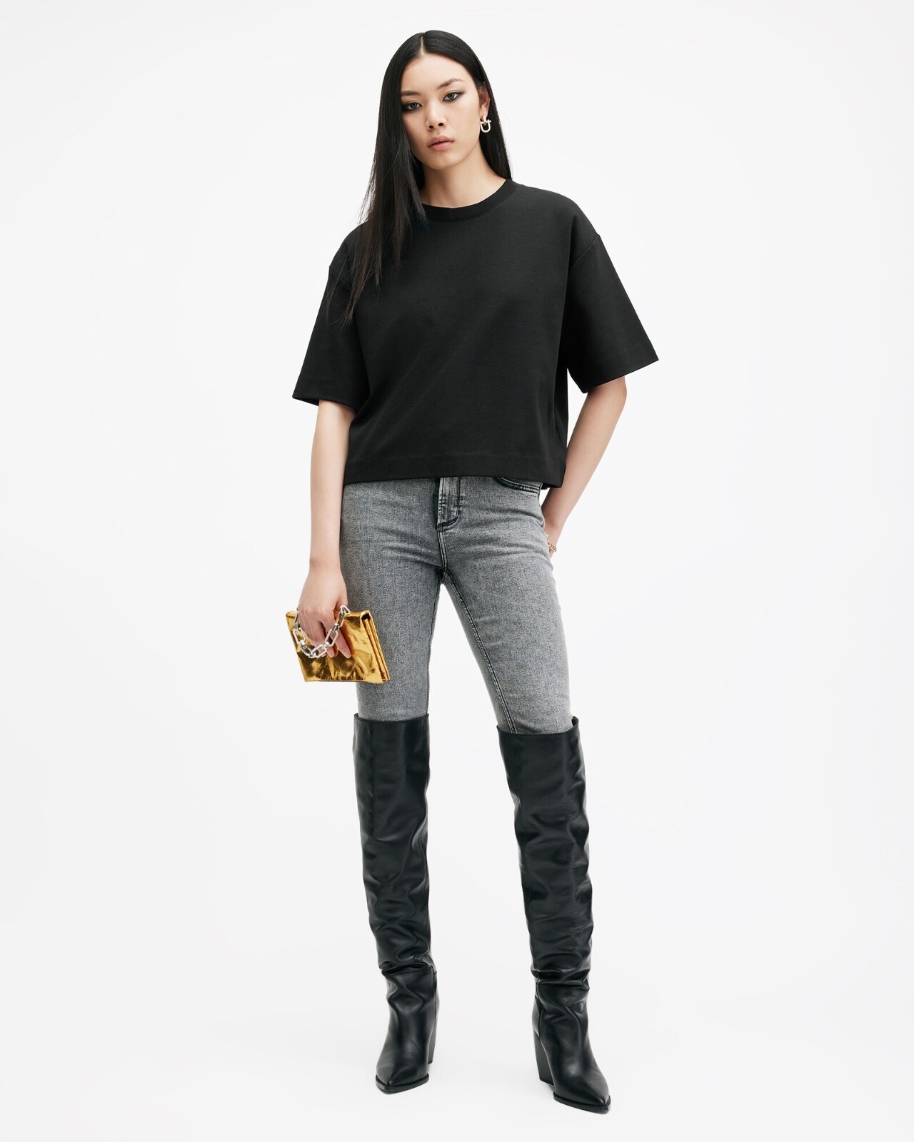 All Saints Womens Tillie Oversized Boxy T-Shirt Designer Organic Cotton Crew Tee