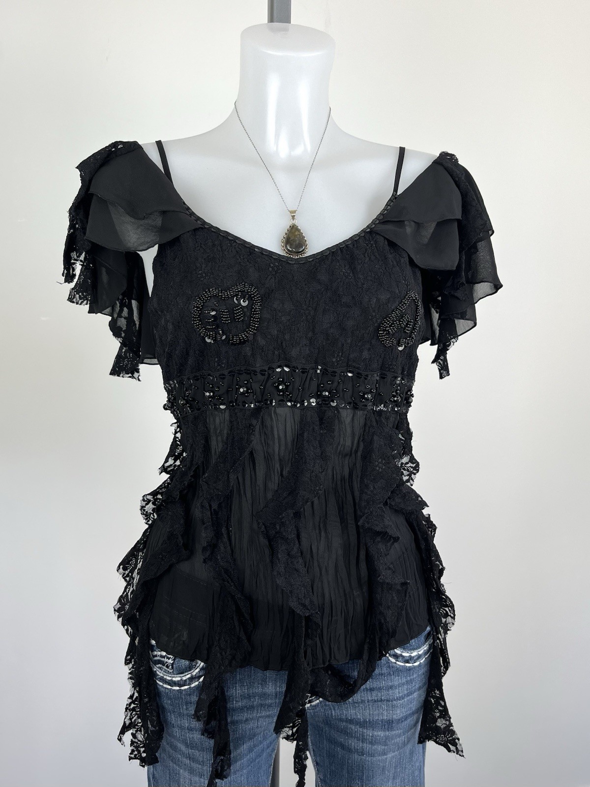Y2k vintage black mesh ruffle sequin embellished off the shoulder blouse top