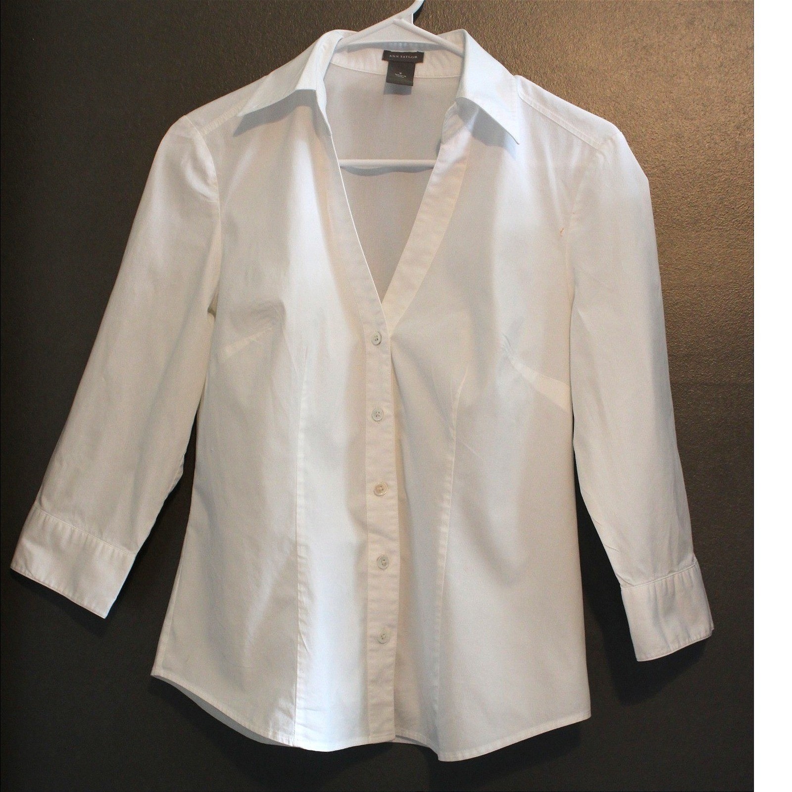 Ann Taylor Button Down Shirt Womens 8 White Good 3/4 Sleeve Blouse
