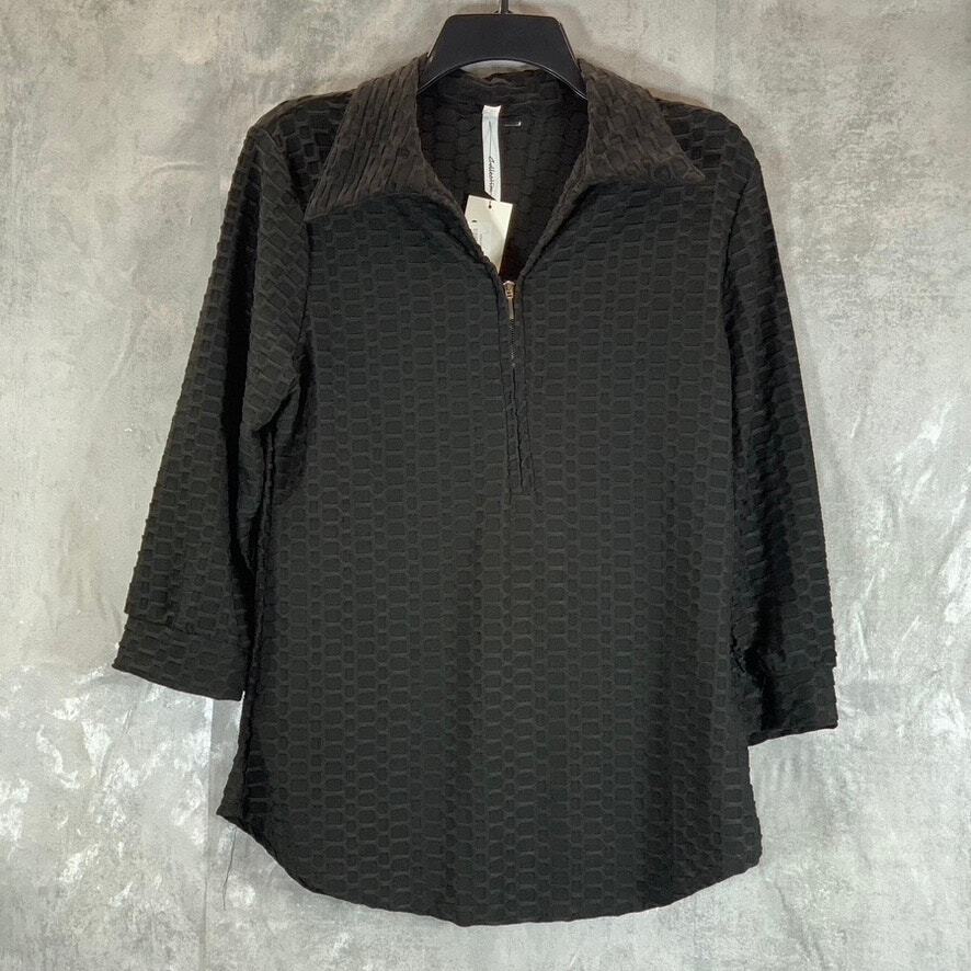 NY COLLECTION Women’s Black Honeycomb Half-Zip 3/4 Sleeve Dolphin Hem Top SZ L