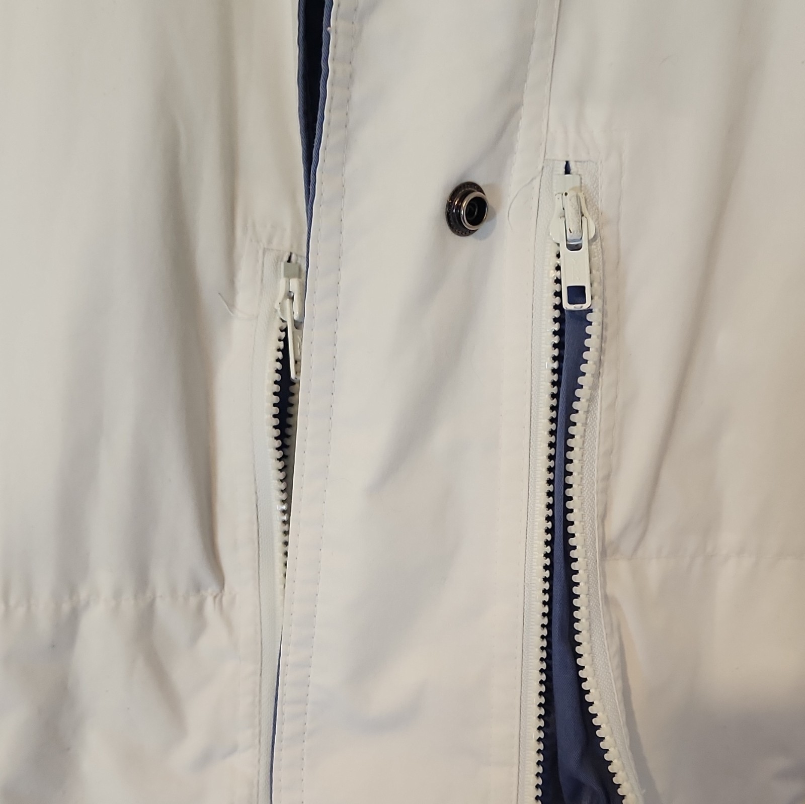 London Fog Women’s White Blue Hooded Windbreaker Jacket Zip Button Front XS Reg