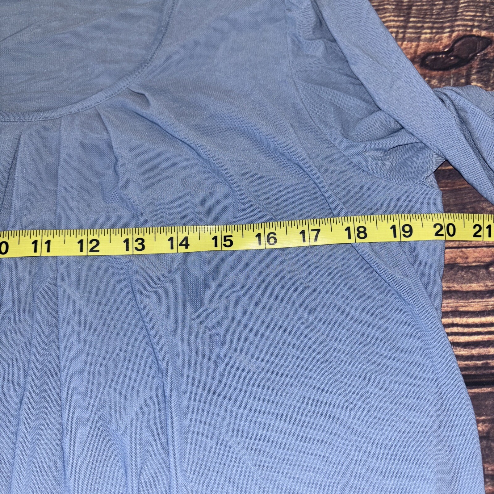 Timeson Blouse Blue Sheer Long Sleeve Large Pleated Banded Bottom Business