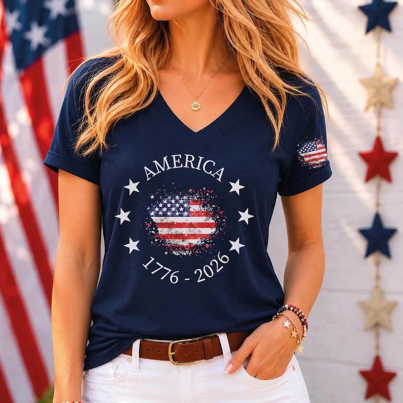 USA 250th Anniversary V-Neck Shirt, Patriotic Flag Tee, Independence Day Gift