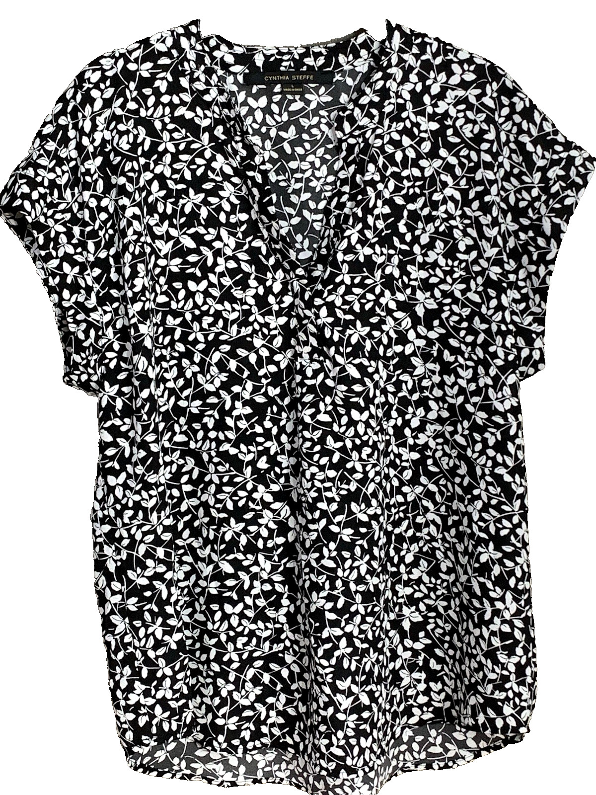 Cynthia Steffe Womens L Black White Floral Chiffon V-Neck Short Sleeve Blouse