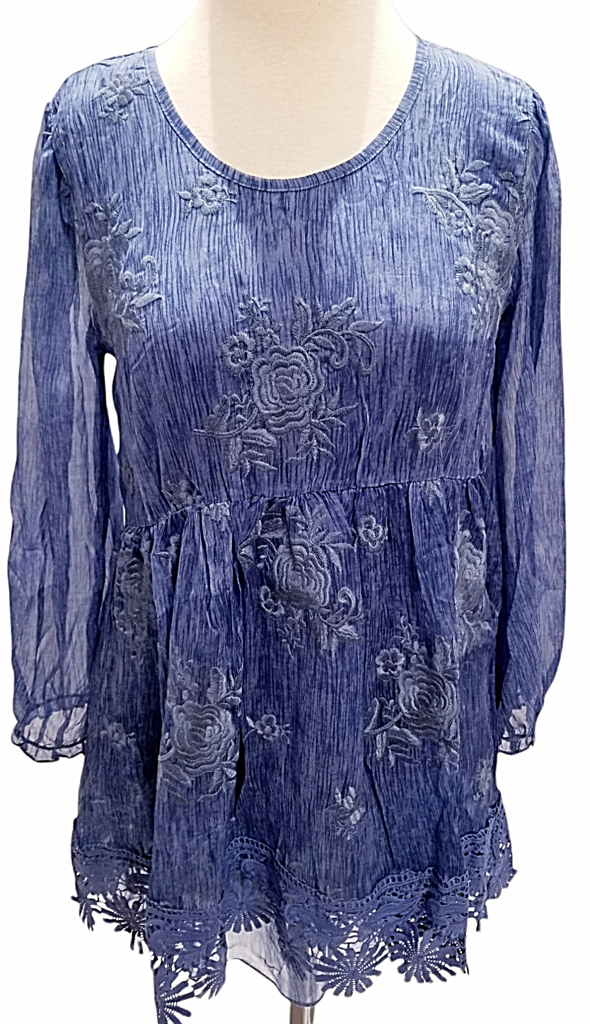 Pretty Angel Long Sleeve Tunic Womens Medium Blue Daisy Lined Crochet Chic New