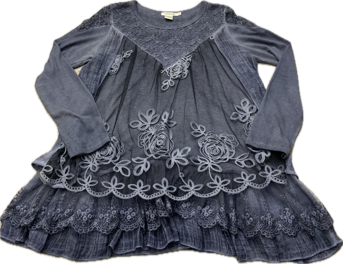 Feratelli Boho Grunge Peasant Embroidered Blue Lace Layered Tunic Top NWOT Small