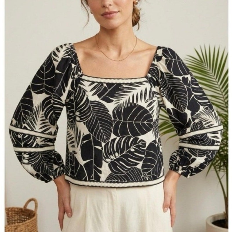 Cynthia Rowley Tropical Palm Print Black White Linen Blend 3/4 Sleeve Top S