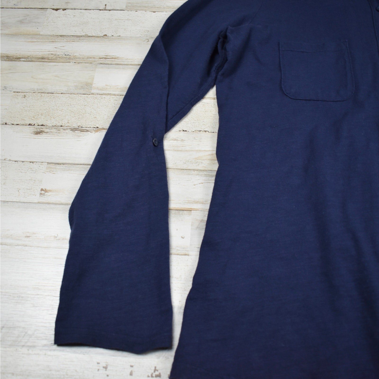 Long Tall Sally Womens Shirt M Medium Tall Navy Blue Cotton Knit Roll Tab Button