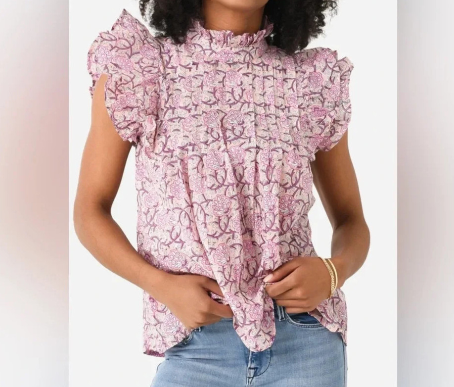 Sur La Vague SLV Jane Blouse Women’s One Size Peasant Boho Purple Block Print