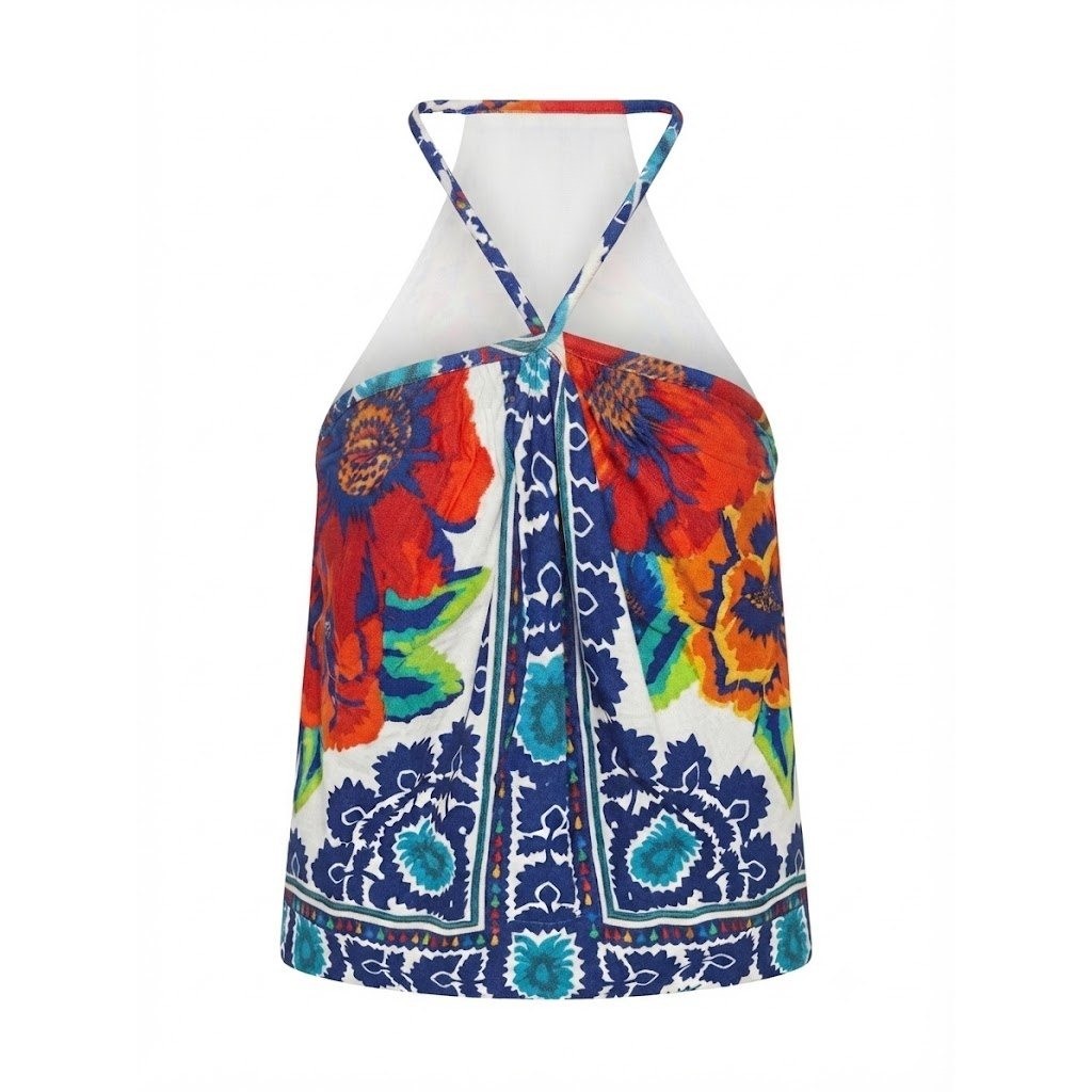 NEW Farm Rio Flower Tapestry Blouse Blue Linen Blend Halter Top Medium – IW