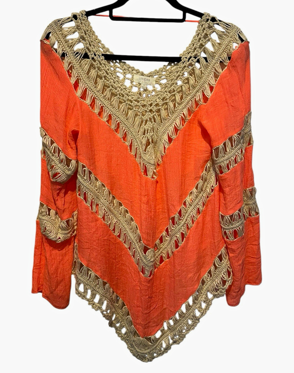UMGEE Women’s Orange Flowy Crochet Detailed V-Neck Long Sleeve Pullover Blouse S