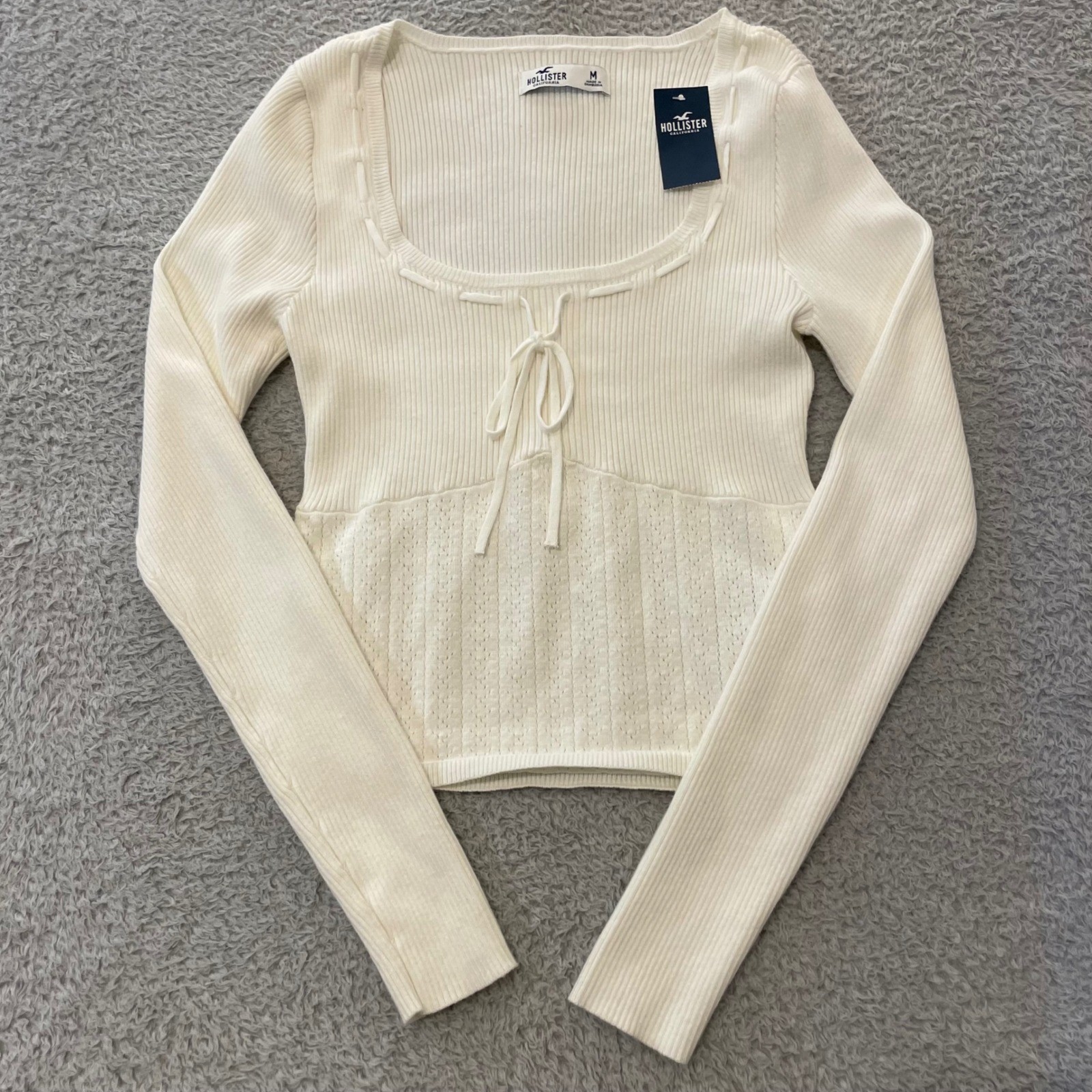 NWT Hollister Pointelle Ribbed Top Womens M White Textured Scoop Neck Tie Front