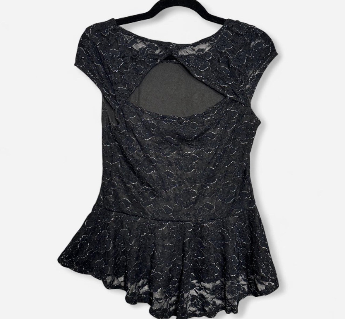 BCX Y2K Lace Peplum Top Goth Whimsigoth Open Back Stretch Evening Black Sz M