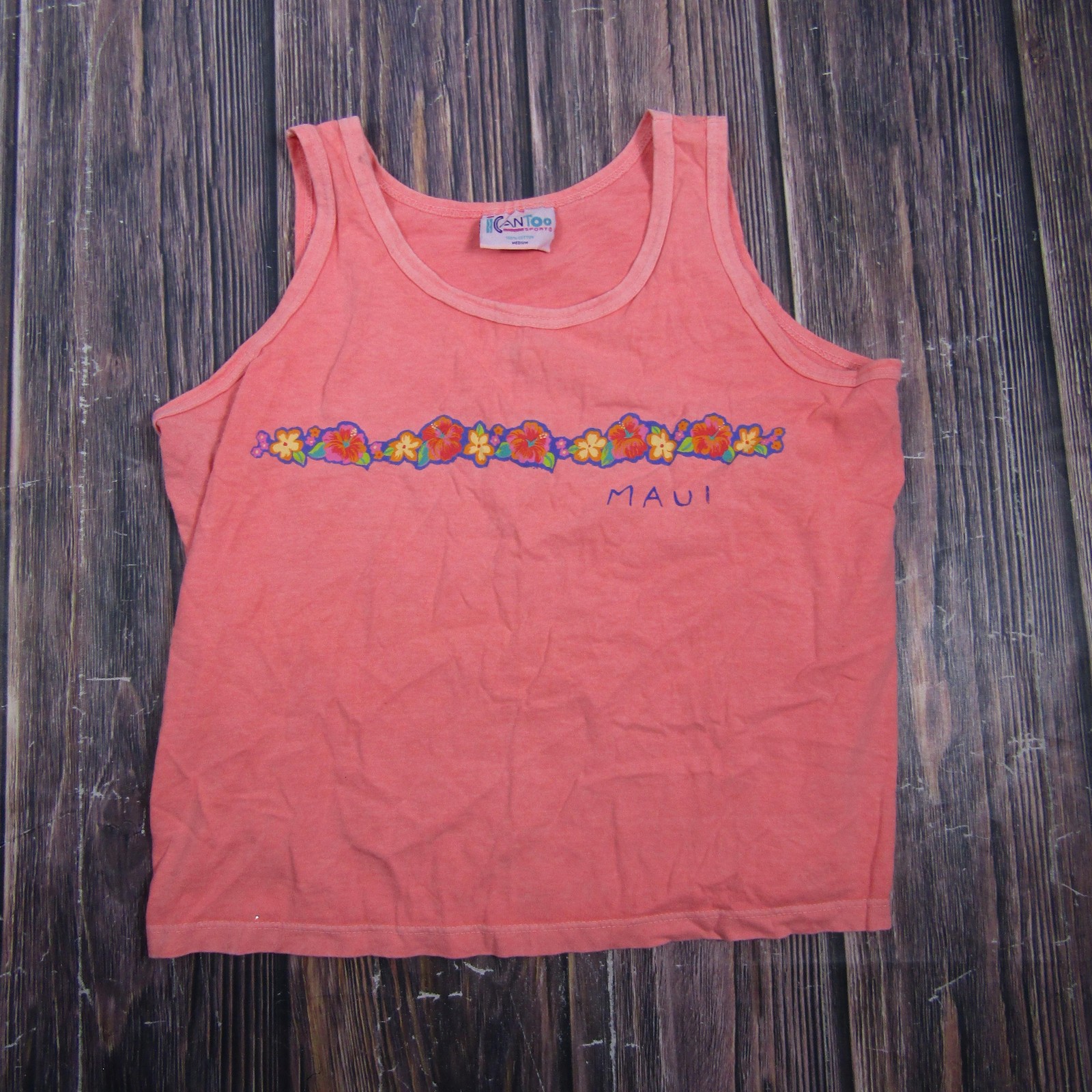 Can Too Sport Womens Medium Pink Maui Floral Tank Top Hawaiian Tropical Made USA