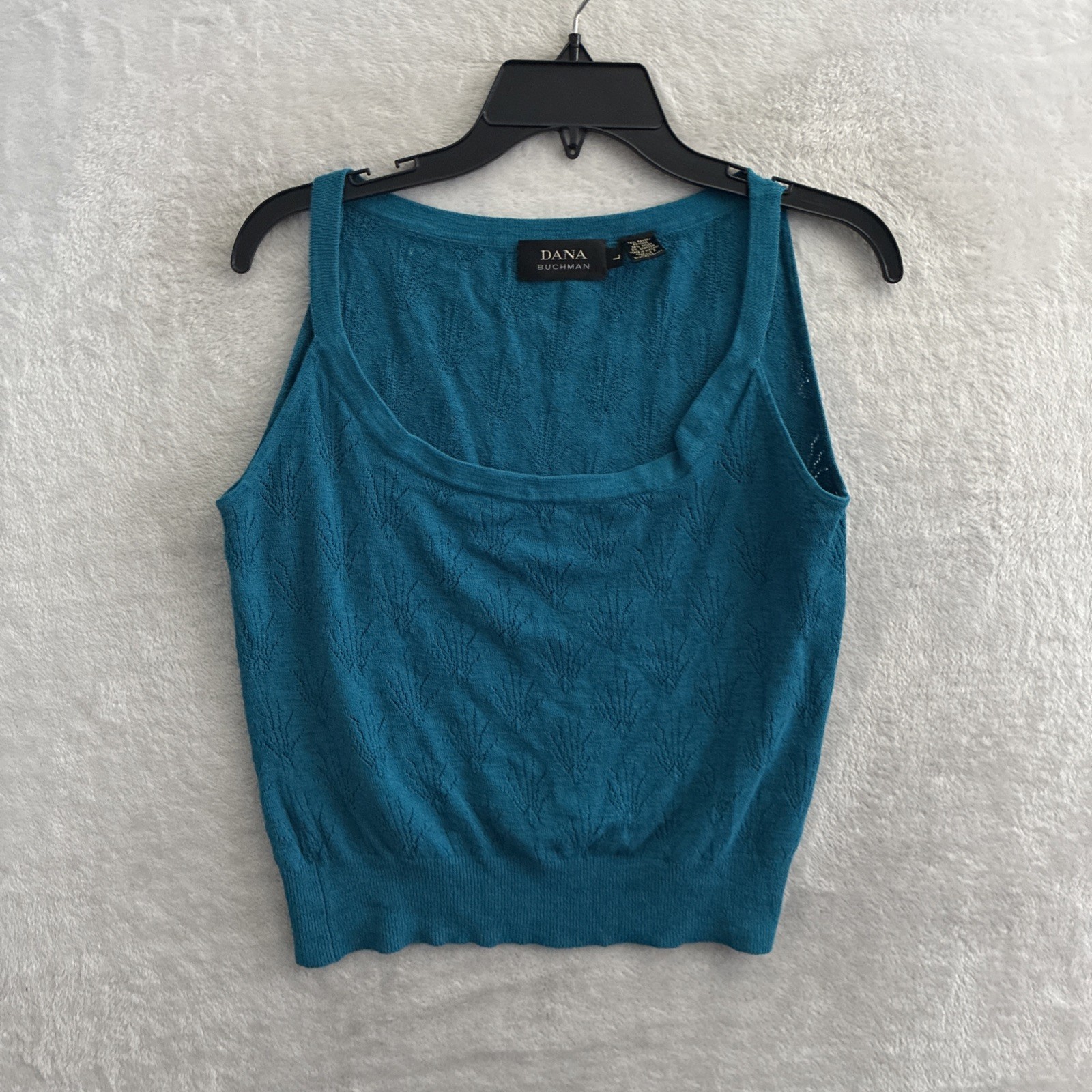 Dana Buchman Woman Blouse Top Blue Geometric Large Rayon Blend Sleeveless Sheer