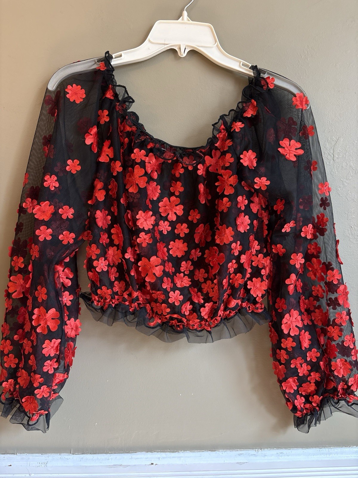Fashion Nova Black Mesh Red Floral Applique Sheer Puff Sleeve Crop Top Small
