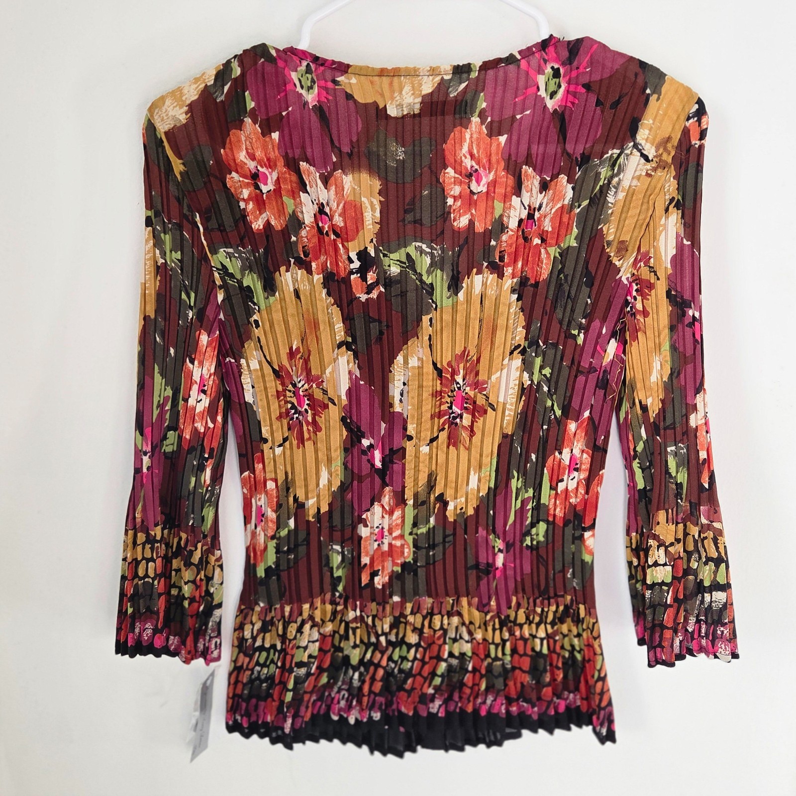 Signature by Larry Levine Blouse Women Pleated Floral Boho Button Front Boutique